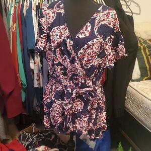 Crown & Ivy Navy and Pink Paisley Wrap Top